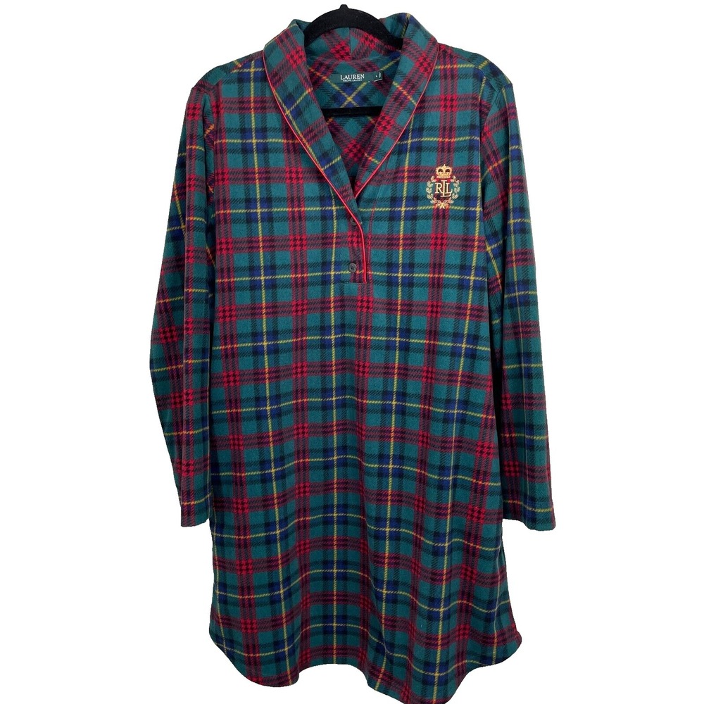Ralph Lauren Plaid Flannel Nightgown Womens Large‎ Pockets Shawl Collar Crown